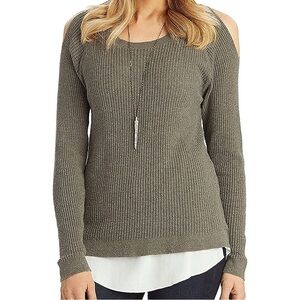 Democracy Olive Green/Gray Cold Shoulder Waffle‎ Knit Two-for Top